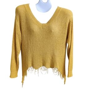 Venti6 Boho 70s Hippie Asymmetrical  Fringed Hem Gold Knit V-Neck Sweater L**